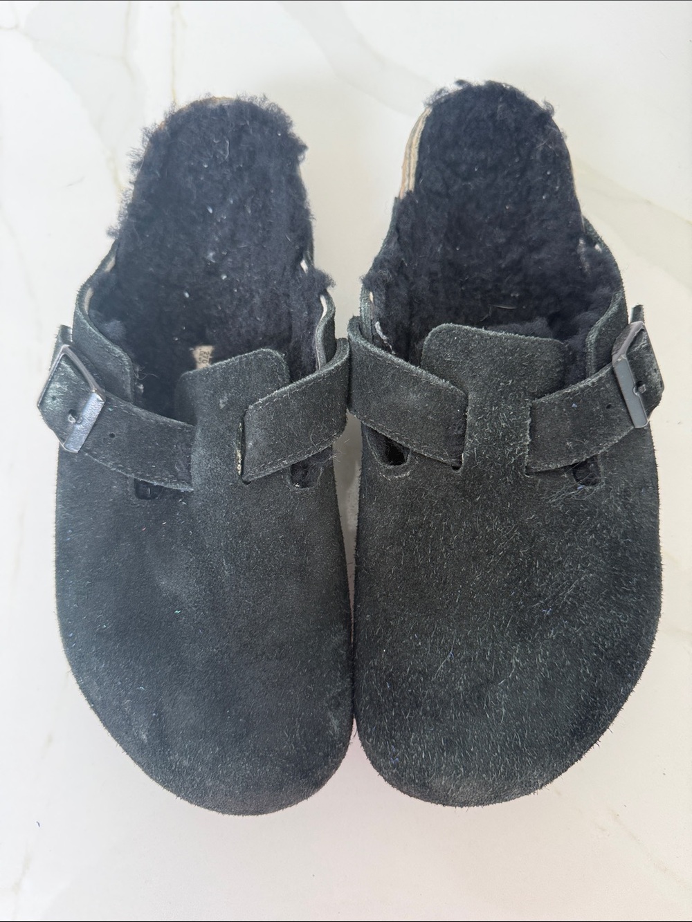 Birkenstock Boston Black Suede Shearling-Lined Clogs size 11 42 reg